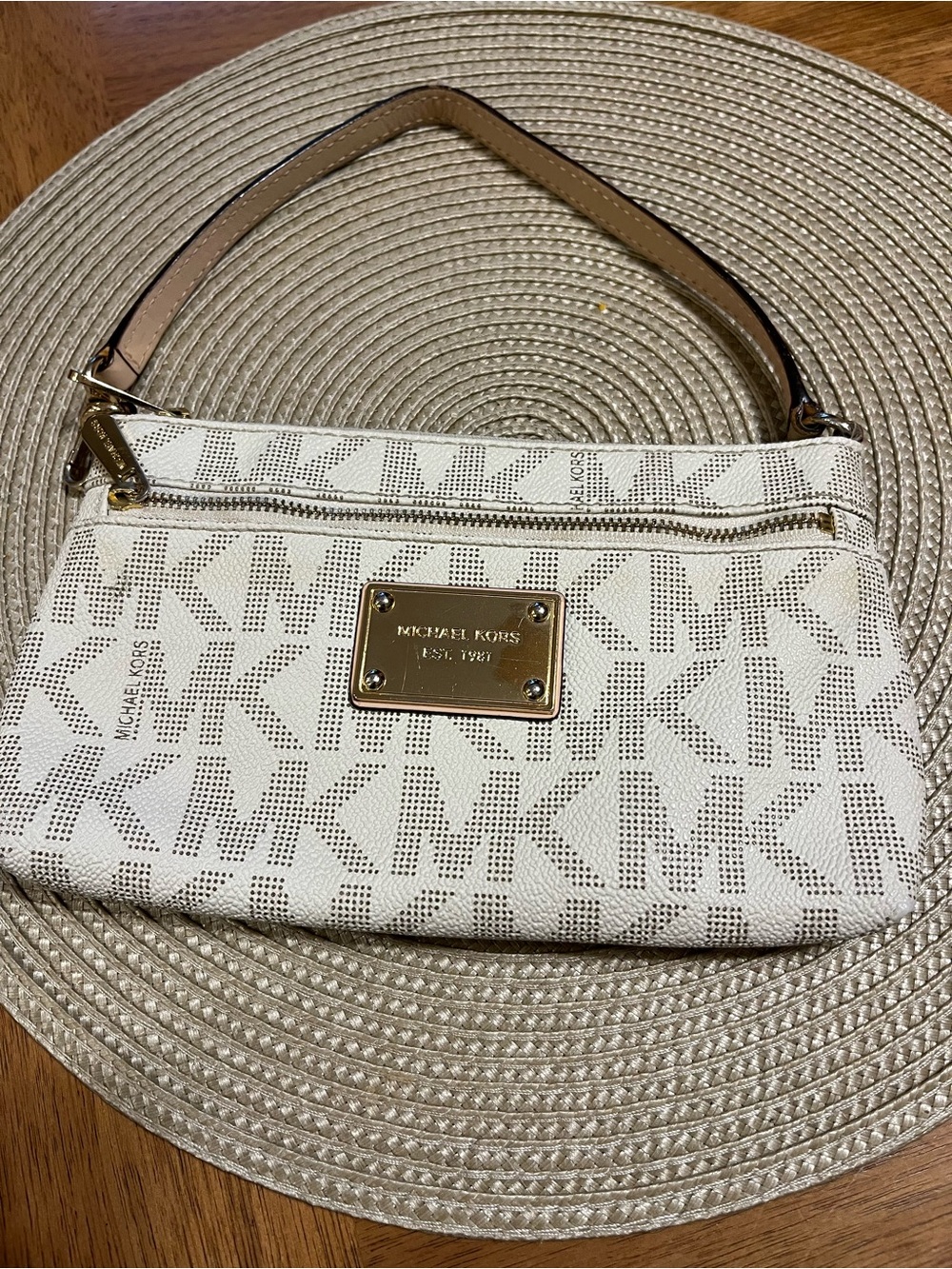 Michael Kors Cream Logo Print Wristlet with Tan Strap and Gold Accents